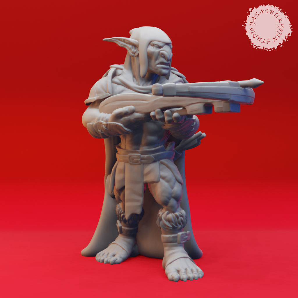 Resin Goblin Miniature with Crossbow, 3D Render, Front View.