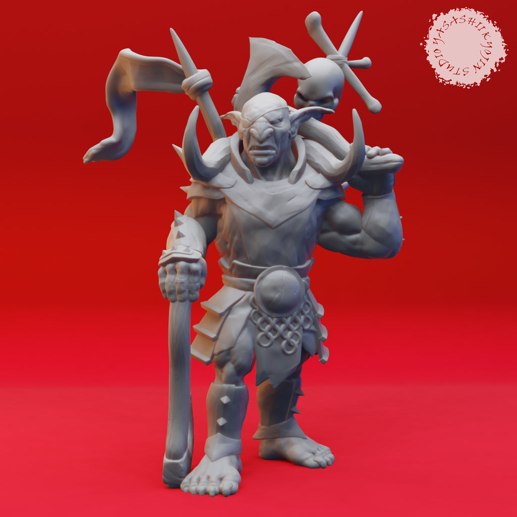 Resin Goblin Warband Boss Miniature, 3D Render, Front View.