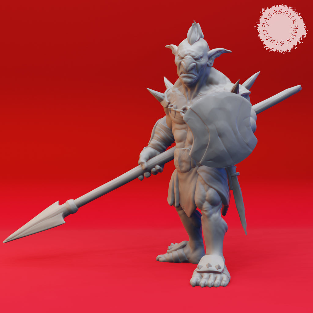 Resin Goblin Miniature with Spear, 3D Render, Front View.