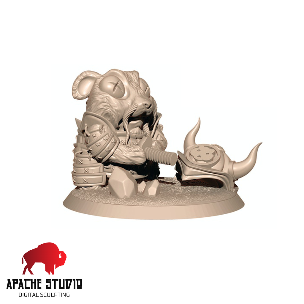 Resin Defeated Hamster Samurai Miniature, 3D render, side view.