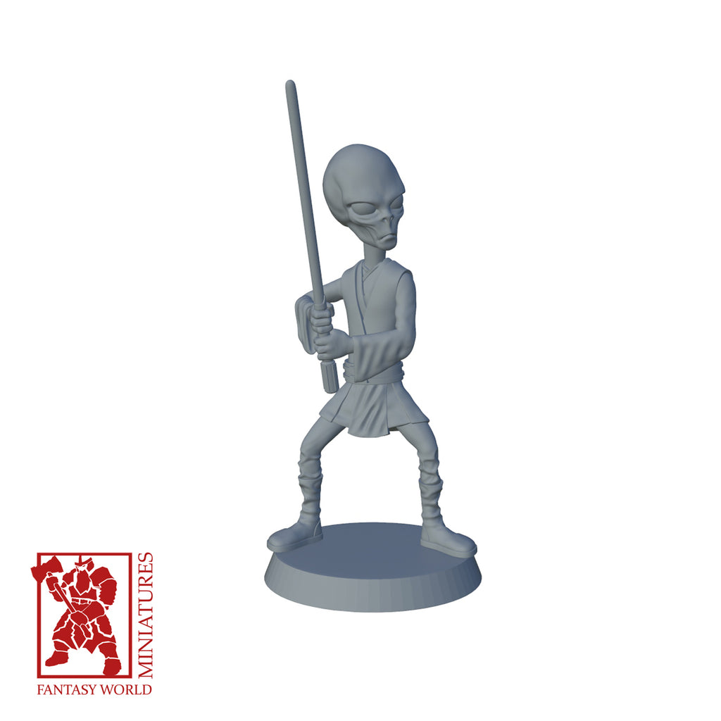 Resin Extra Terrestrial Miniature with Laser Sword, 3D render, front view.