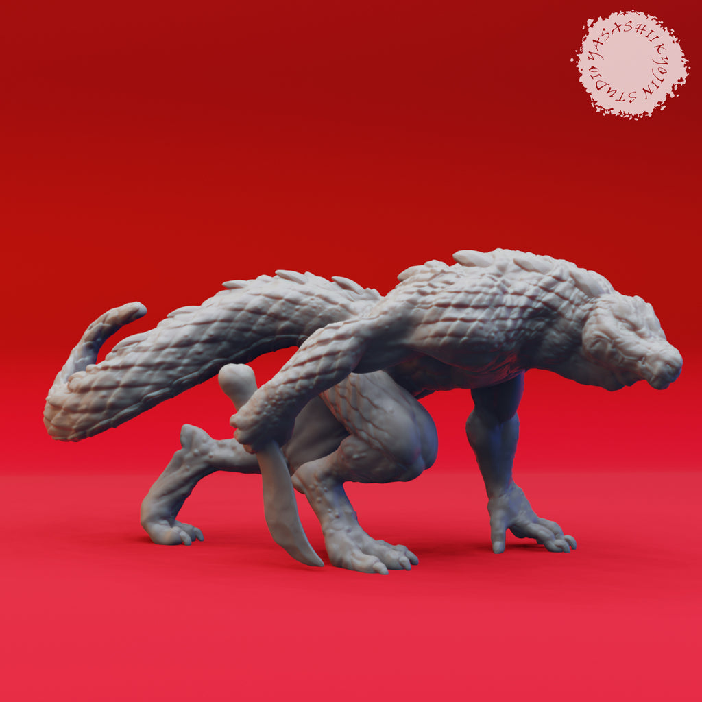 Resin Lizardfolk Miniature with Dagger, 3D Render, Side View.