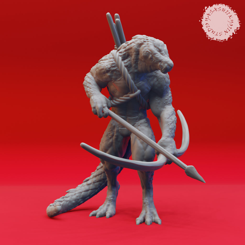 Resin Lizardfolk Miniature with Bow, 3D Render, Front View.