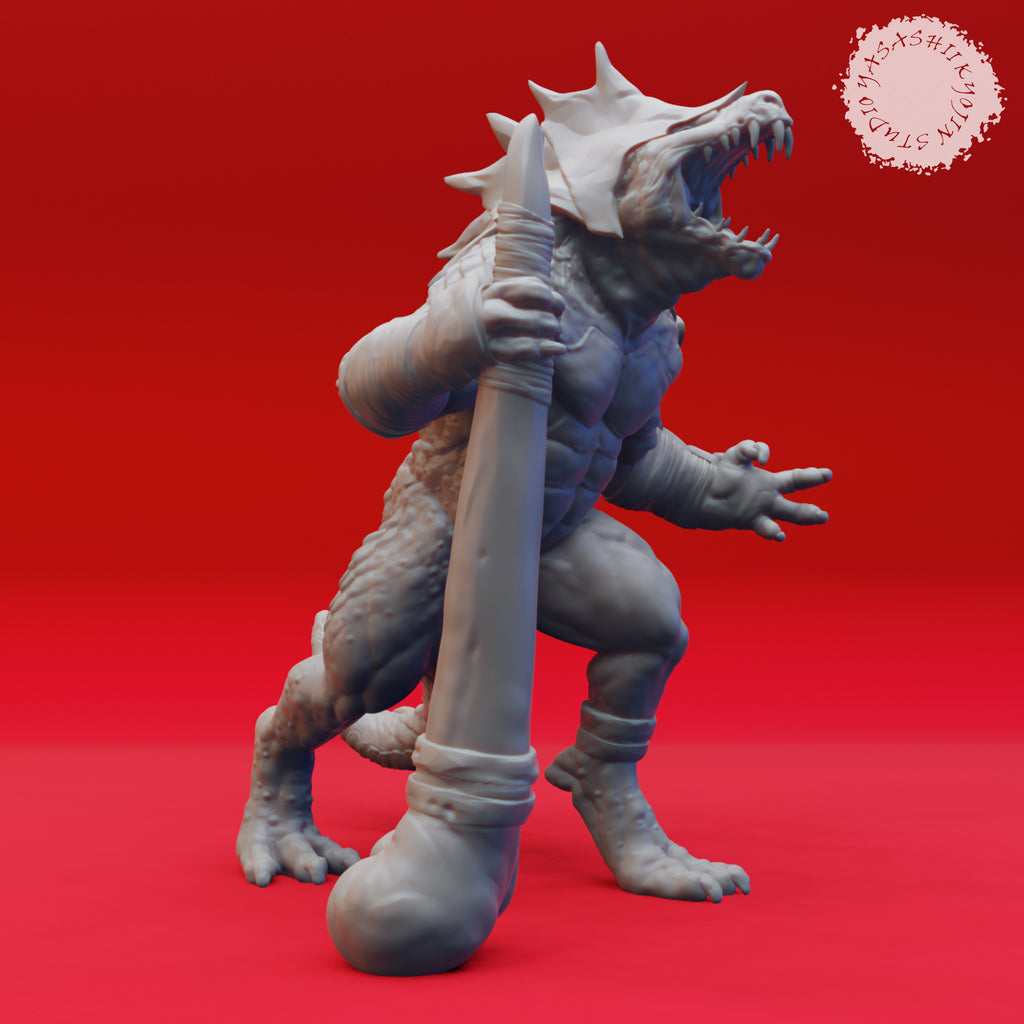 Resin Lizardfolk Warband Boss Miniature, 3D Render, Front View.