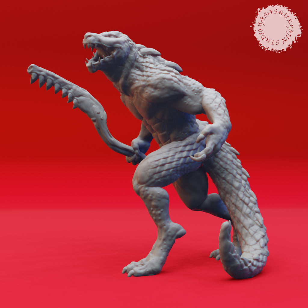 Resin Lizardfolk Miniature with Club, 3D Render, Front View.