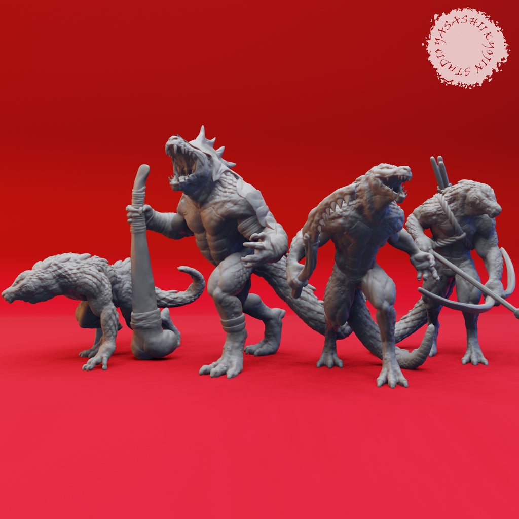 Resin Complete Lizardfolk Encounter Miniature Bundle, 3D Render, Front Views.