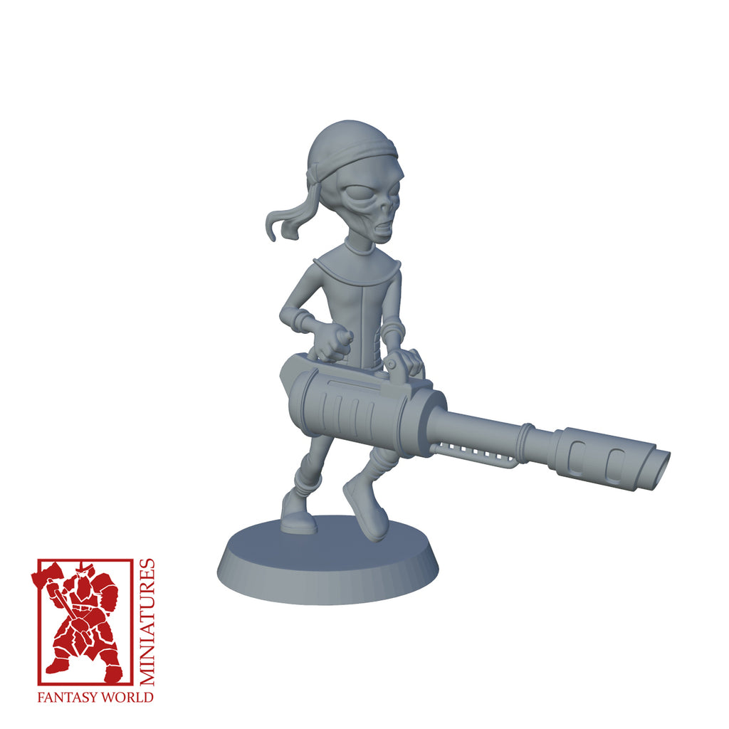 Resin Extra Terrestrial Miniature with Machine Gun, 3D render, front view.