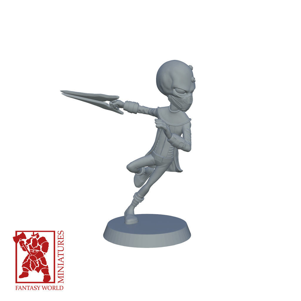 Resin Extra Terrestrial Miniature with Space Weapon, 3D render, side view.