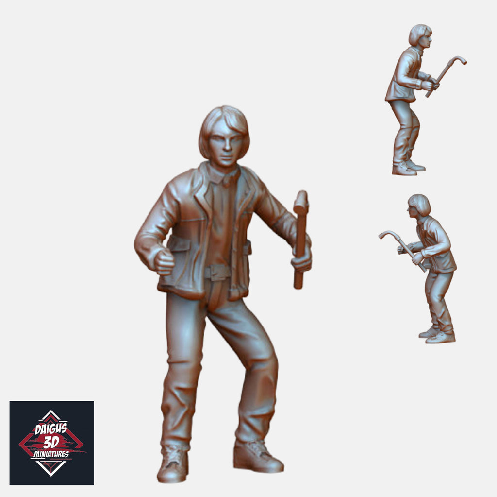 Resin Tabletop Player 1 Miniature w/o Base, 3D Render, Front and Side Views.