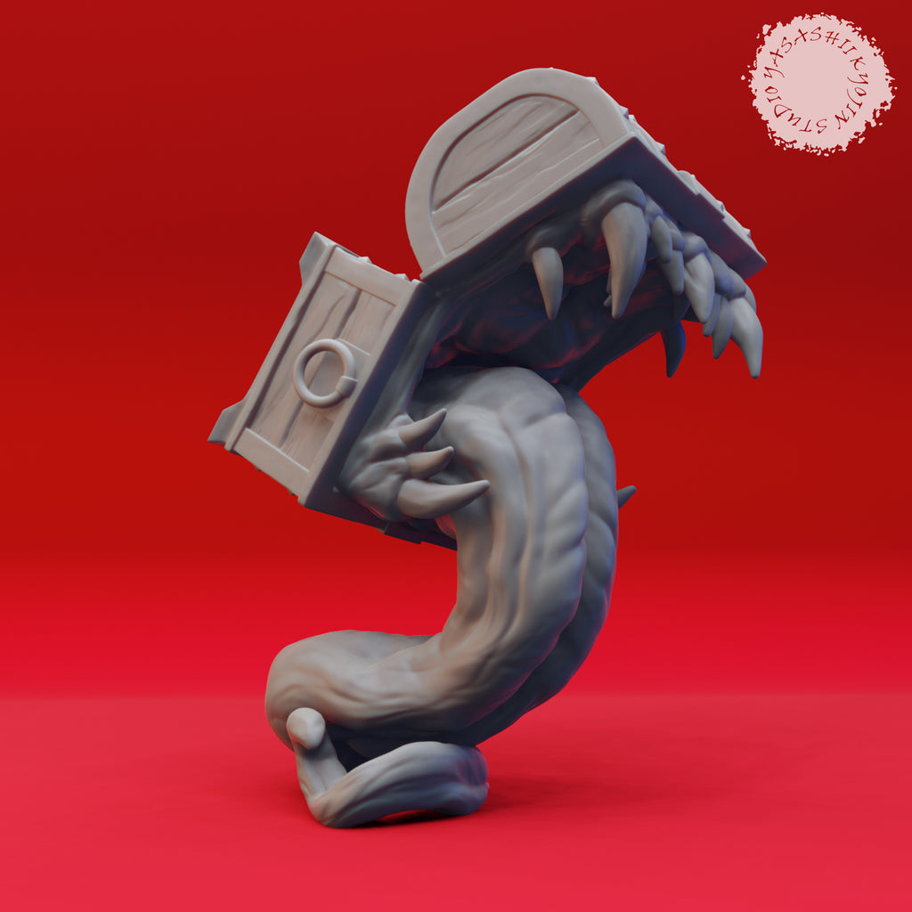 Resin Mimic Chest Miniature - Resting on Tongue, 3D Render, Front View.