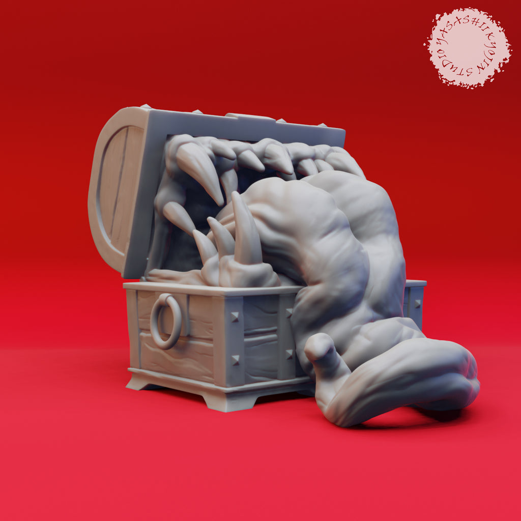 Resin Mimic Chest Miniature - Open Mouth, 3D Render, Front View.