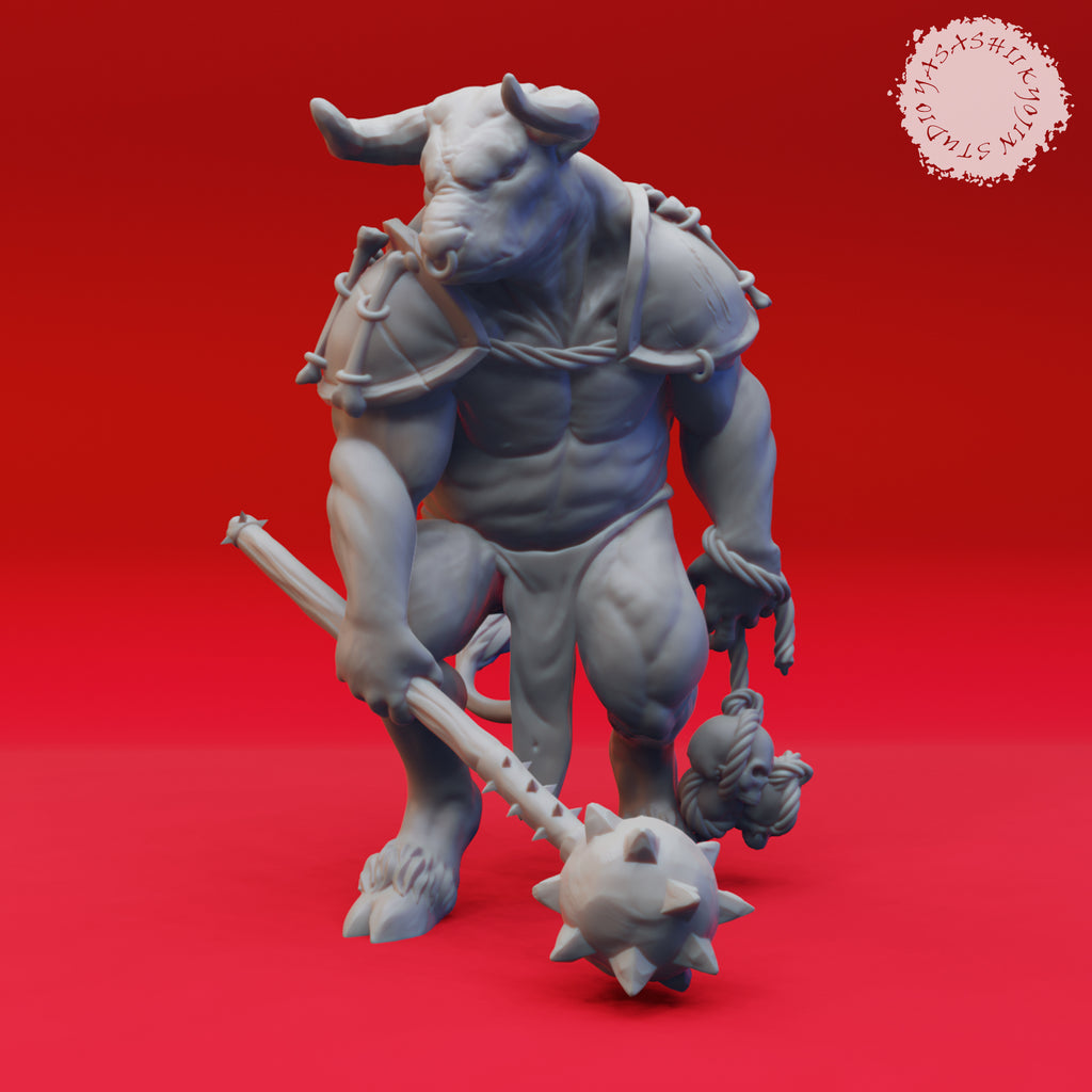 Resin Minotaur Miniature with Morning Star, 3D Render, Front View.