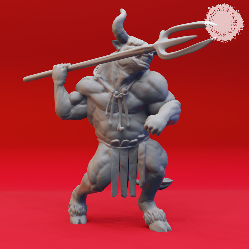 Resin Minotaur Miniature with Pitch Fork, 3D Render, Front View.