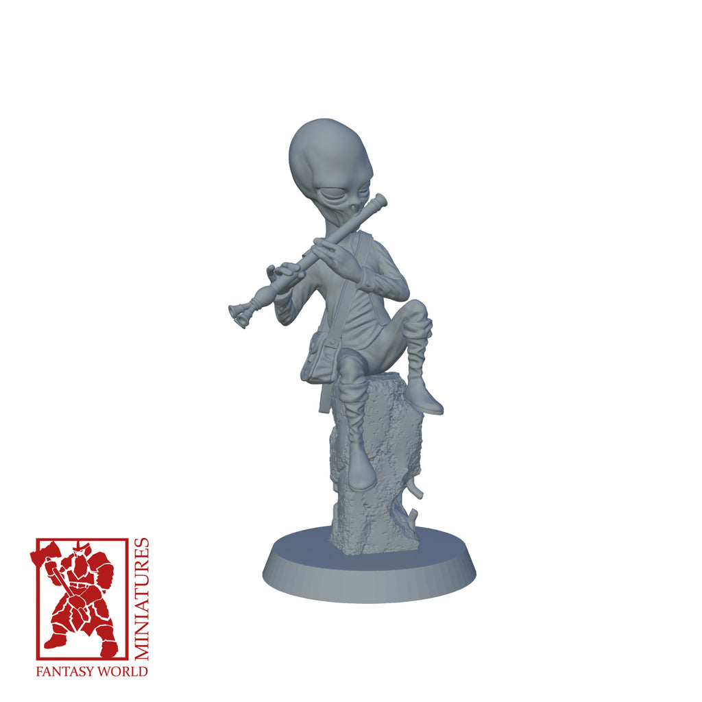 Resin Extra Terrestrial Miniature with Flute, 3D render, front view.