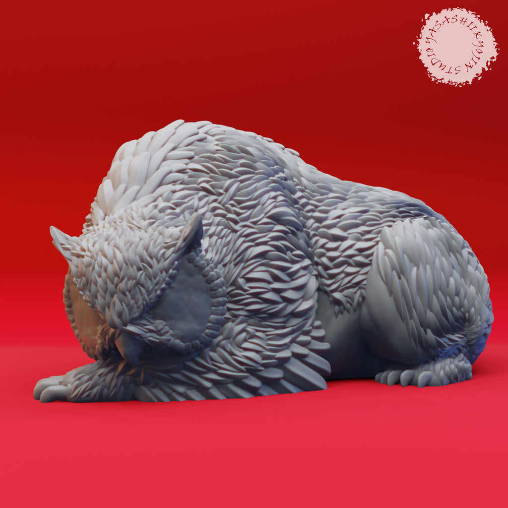 Resin Sleeping Nightowl Miniature, 3D Render, Side View.