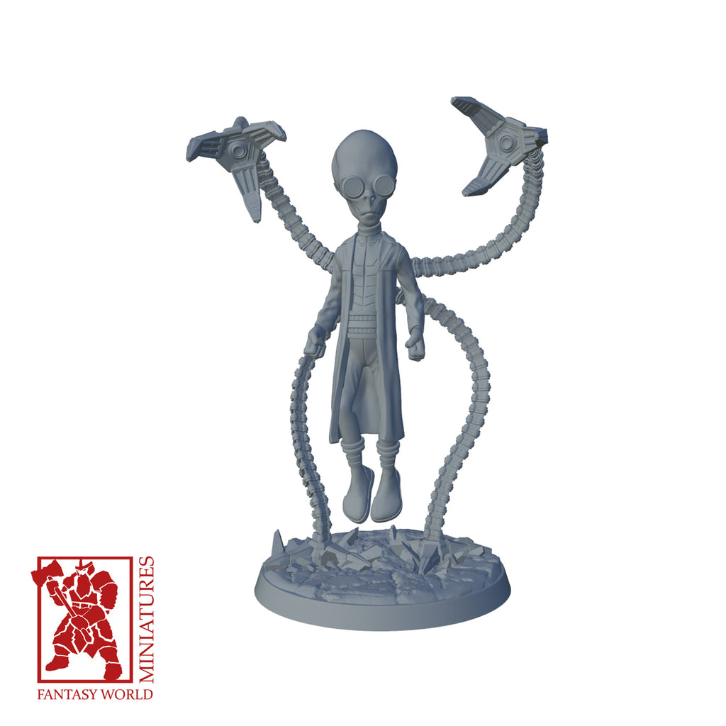Resin Extra Terrestrial Miniature with Robotic Claws, 3D render, front view.