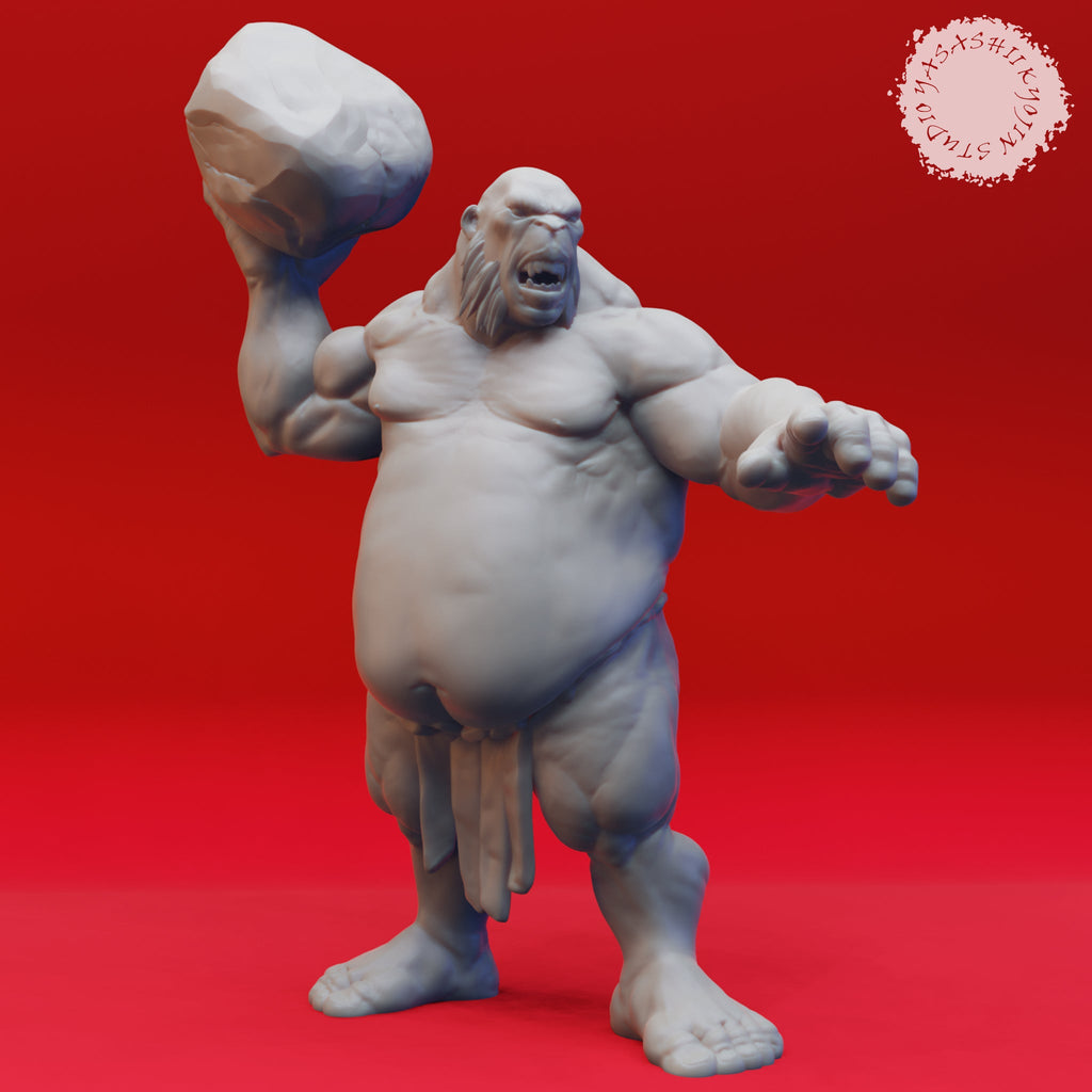 Resin Ogre Miniature with Rock, 3D Render, Front View.