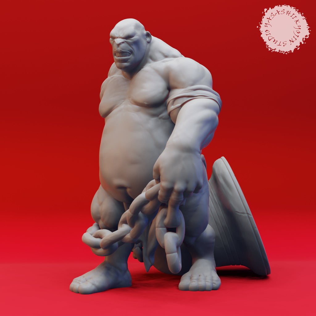 Resin Ogre Miniature with Bell, 3D Render, Front View.