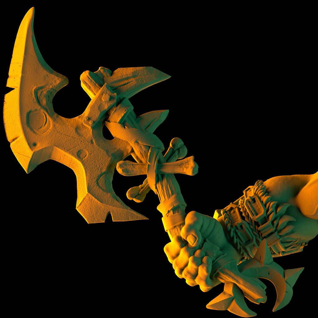 Resin Orc Miniature with Curved Axe, 3D Render, Close Up of Axe.