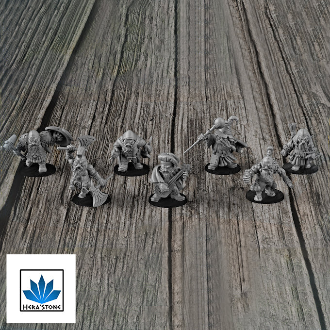 Resin Dwarf Party Miniatures, 3D render, front view.