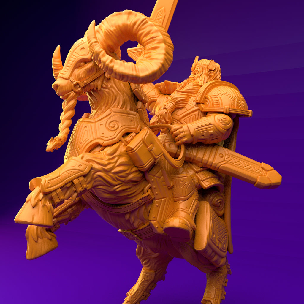 Resin Dwarf Riding a Ram Miniature (Pose 1), 3D Render, Side View Facing Left.