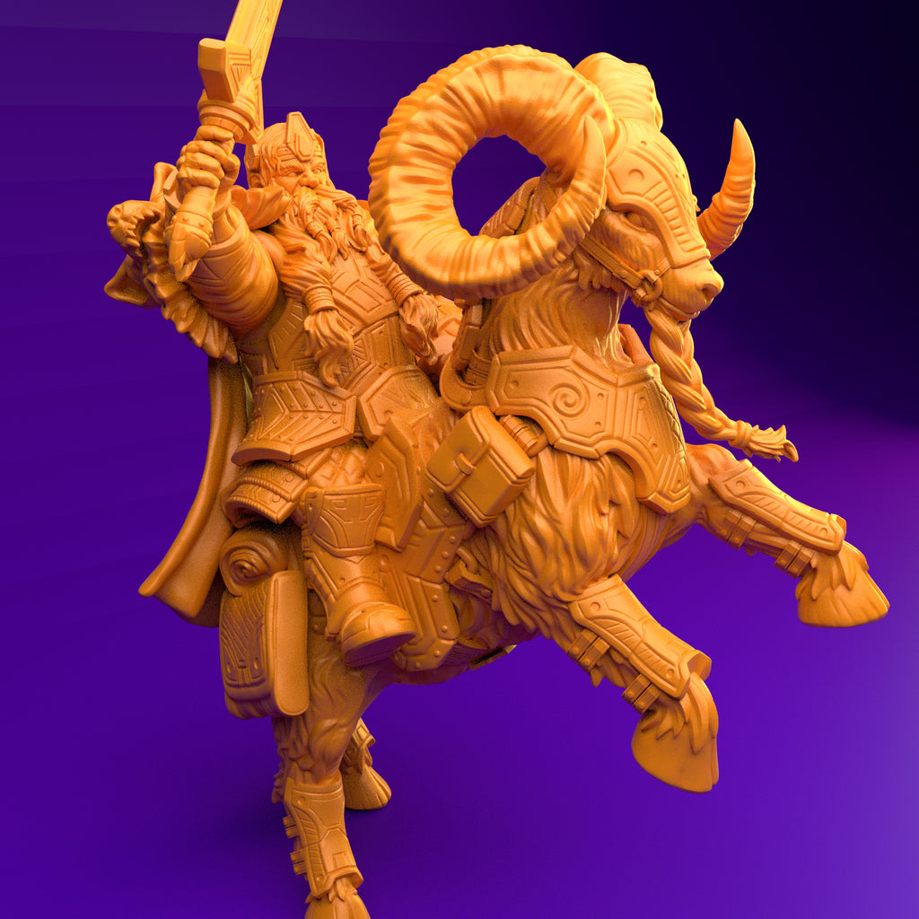 Resin Dwarf Riding a Ram Miniature (Pose 1), 3D Render, Side View Facing Right. 