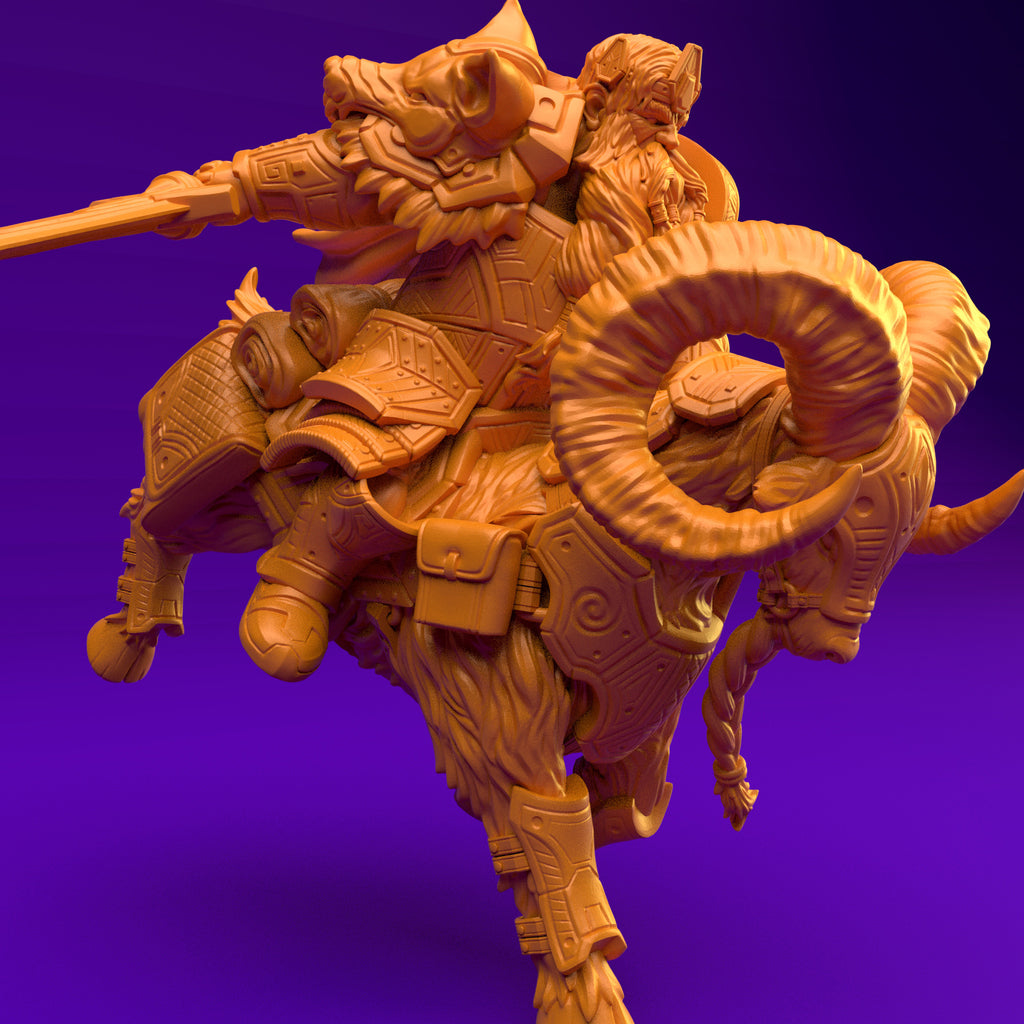 Resin Dwarf Riding a Ram Miniature (Pose 2), 3D Render, Side View Facing Right.