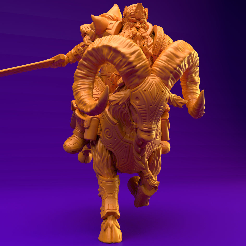 Resin Dwarf Riding a Ram Miniature (Pose 2), 3D Render, Front View.