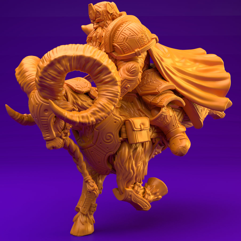 Resin Dwarf Riding a Ram Miniature (Pose 2), 3D Render, Side View Facing Left.