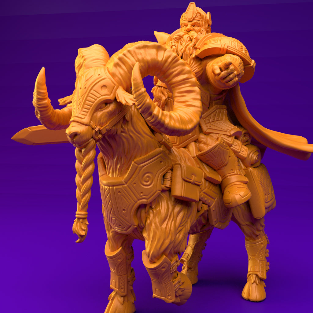 Resin Dwarf Riding a Ram Miniature (Pose 3), 3D Render, Side View Facing Left.