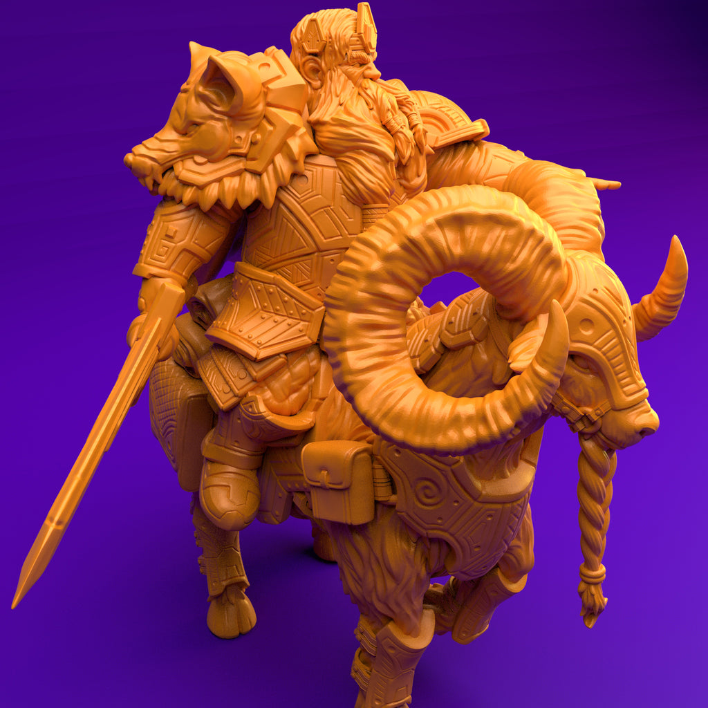 Resin Dwarf Riding a Ram Miniature (Pose 3), 3D Render, Side View Facing Right.