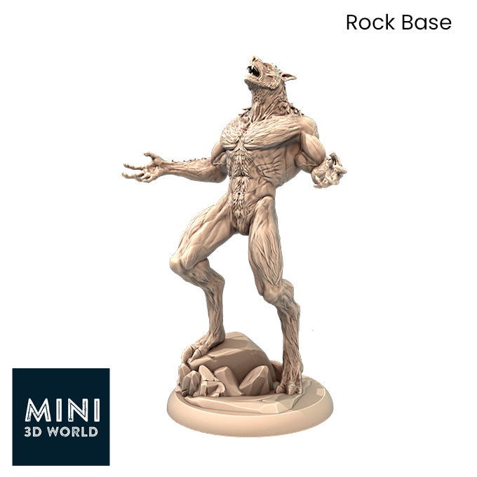 Resin Werewolf Miniature with Rock Base, 3D Render, Side View.