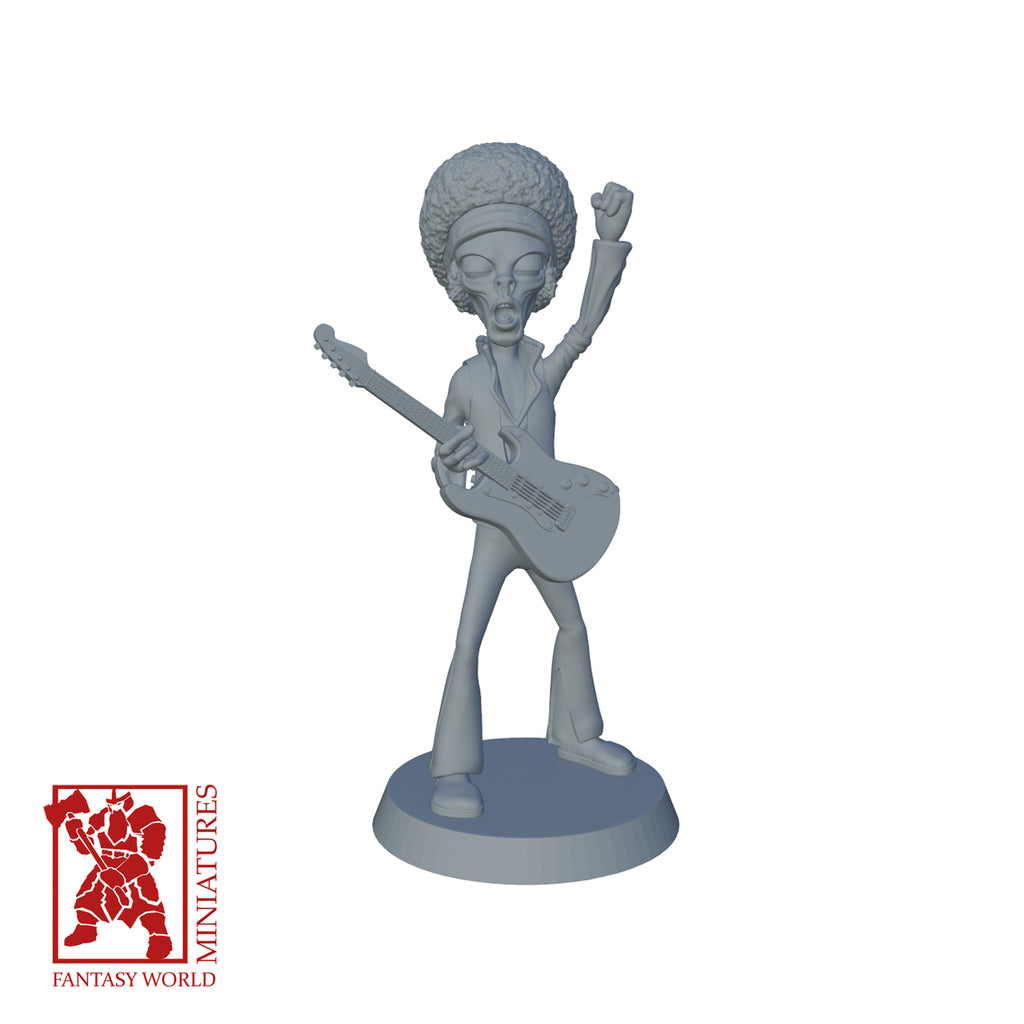 Resin Extra Terrestrial Miniature with Guitar, 3D render, front view.