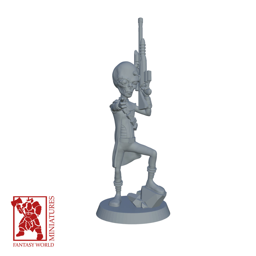 Resin Extra Terrestrial Miniature with Rifle, 3D render, front view.