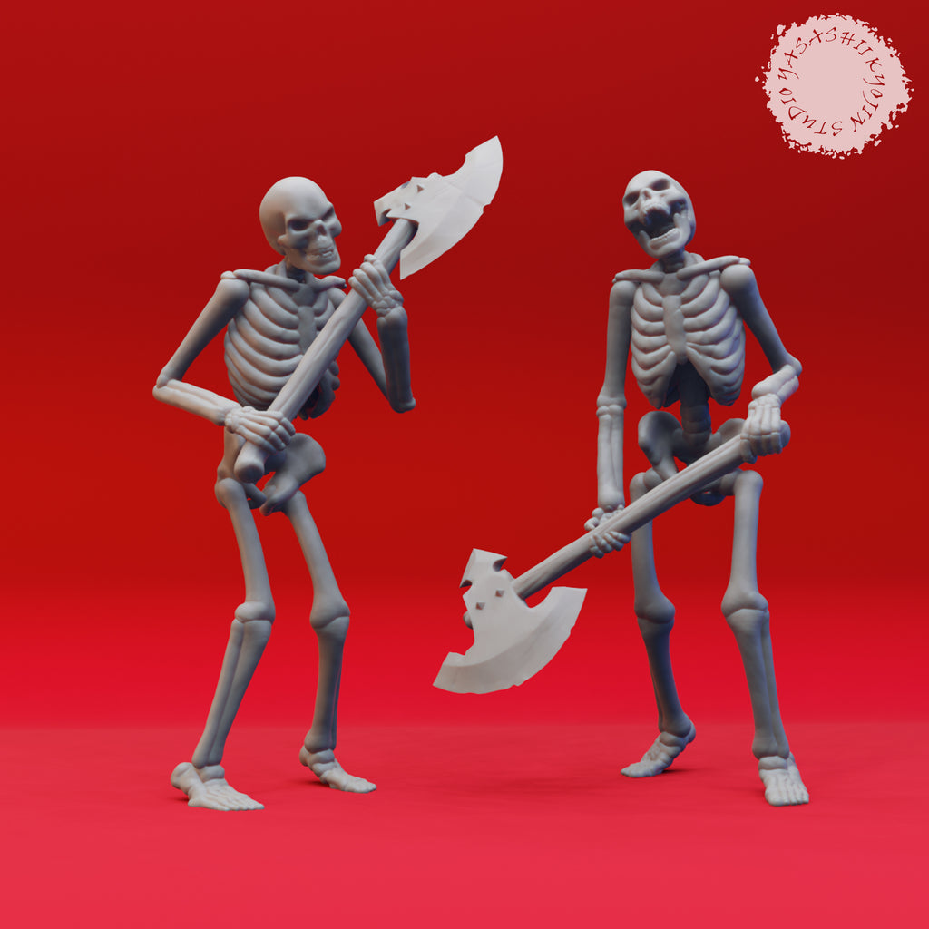 Resin Skeleton Miniatures with Axes, 3D Render, Front Views.