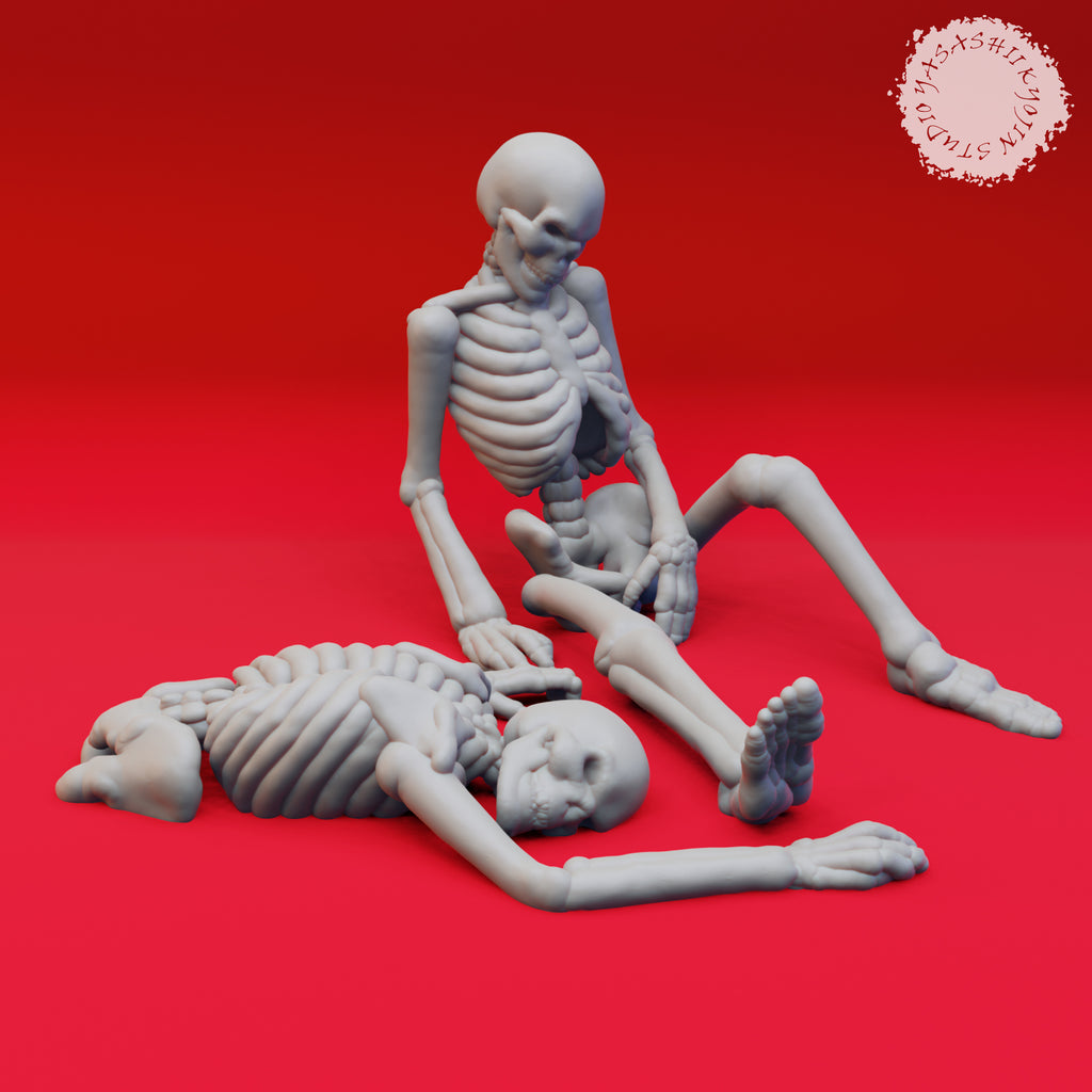 Resin Defeated Skeleton Miniature, 3D render, side view.