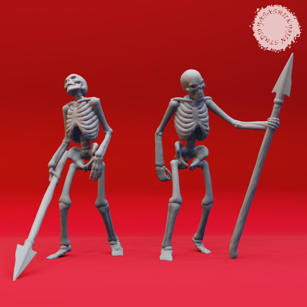 Resin Skeleton Miniatures with Spears, 3D Render, Front View.