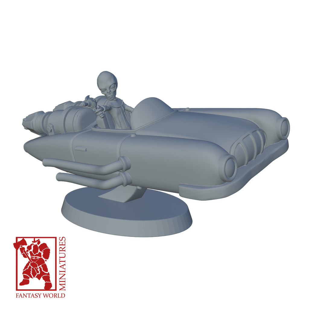 Resin Extra Terrestrial Miniature with Flying Car, 3D render, front view.