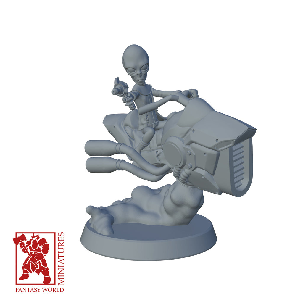 Resin Extra Terrestrial Miniature with Flying Cycle, 3D Render, Front View.