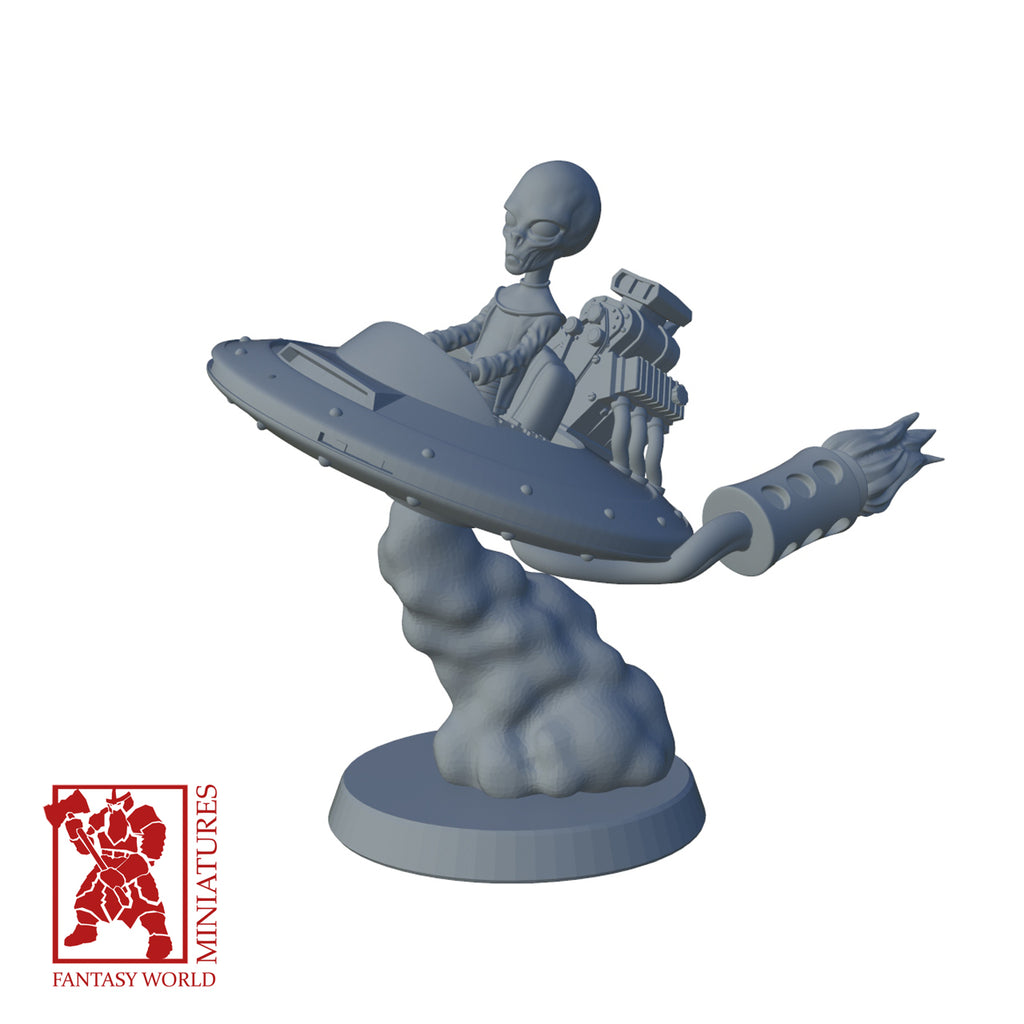 Resin Extra Terrestrial Miniature with Spaceship, 3D render, side view.