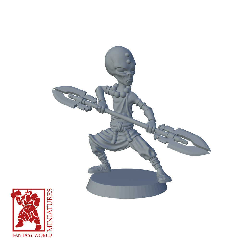 Resin Extra Terrestrial Miniature with Dual Handed Spear, 3D render, front view.