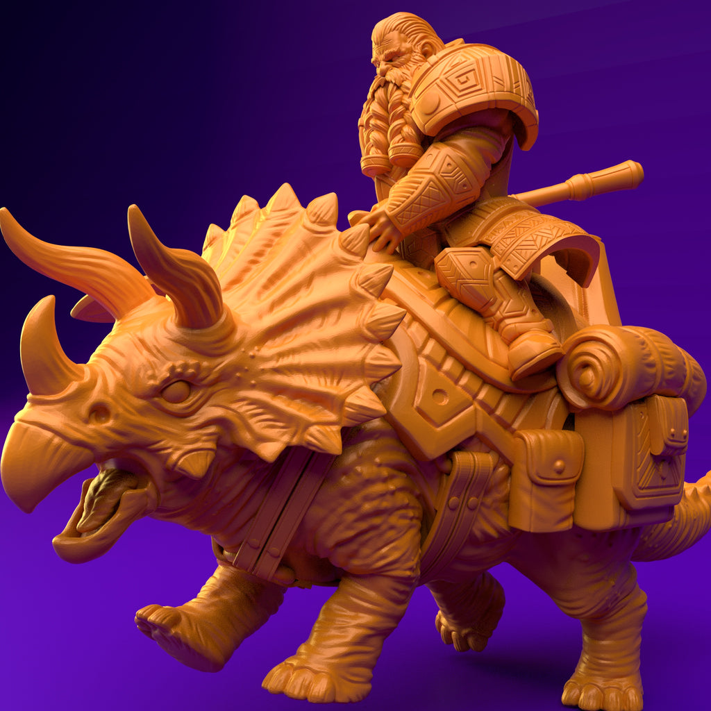 Resin Dwarf Riding a Triceratops Miniature (Pose 1), 3D Render, Side View Facing Left.