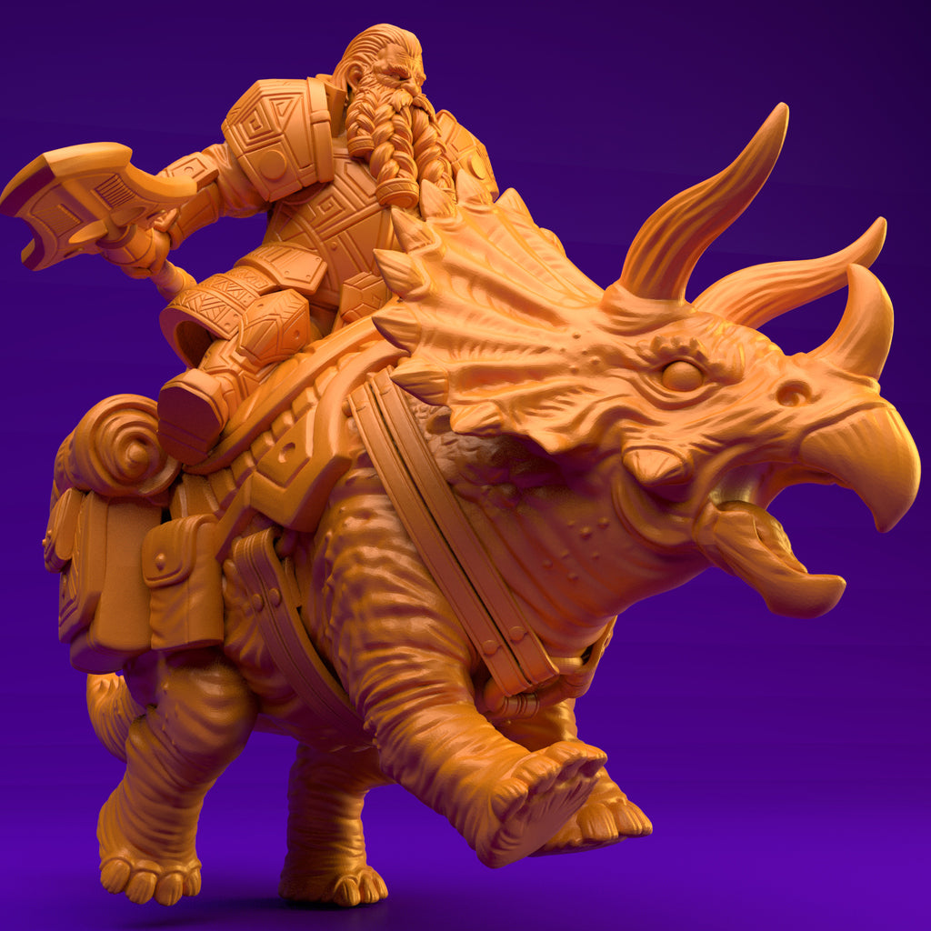 Resin Dwarf Riding a Triceratops Miniature (Pose 1), 3D Render, Side View Facing Right. 