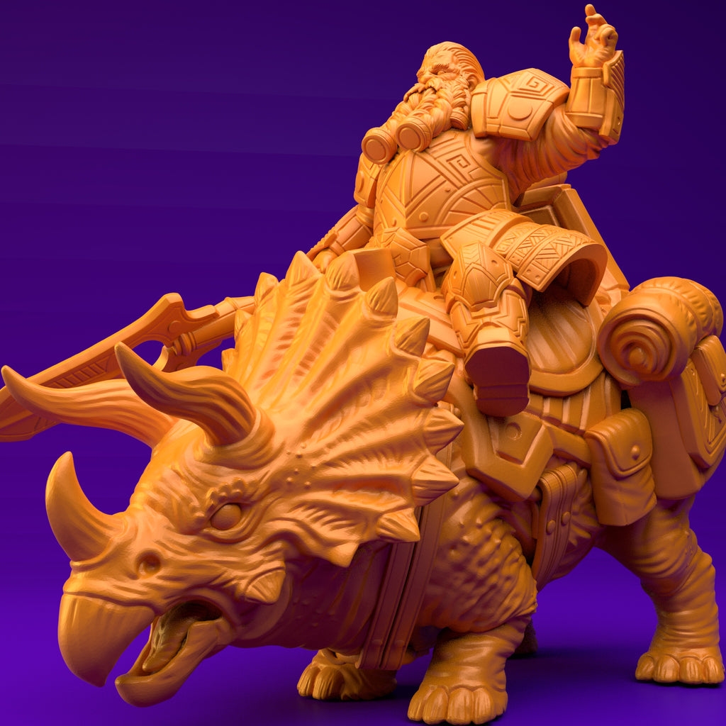 Resin Dwarf Riding a Triceratops Miniature (Pose 2), 3D Render, Side View Facing Left.