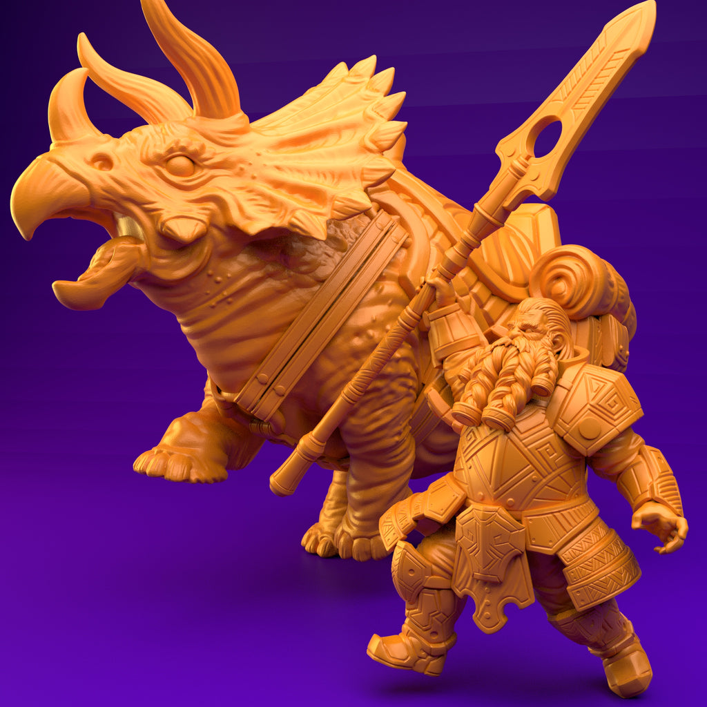 Resin Dwarf Riding a Triceratops Miniature (Pose 3), 3D Render, Side View Facing Left.