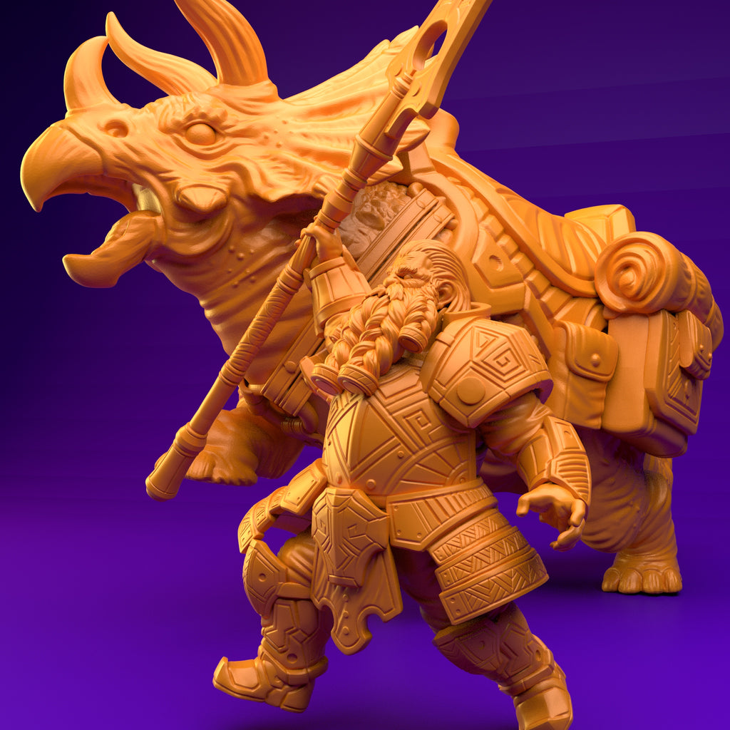 Resin Dwarf Riding a Triceratops Miniature (Pose 3), 3D Render, Close Up Side View Facing Left.