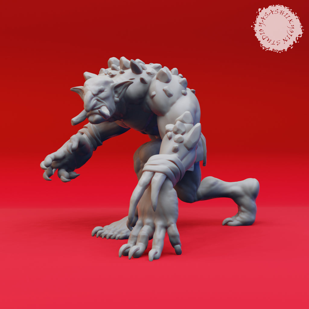Resin Kneeling Troll Miniature, 3D Render, Front View.