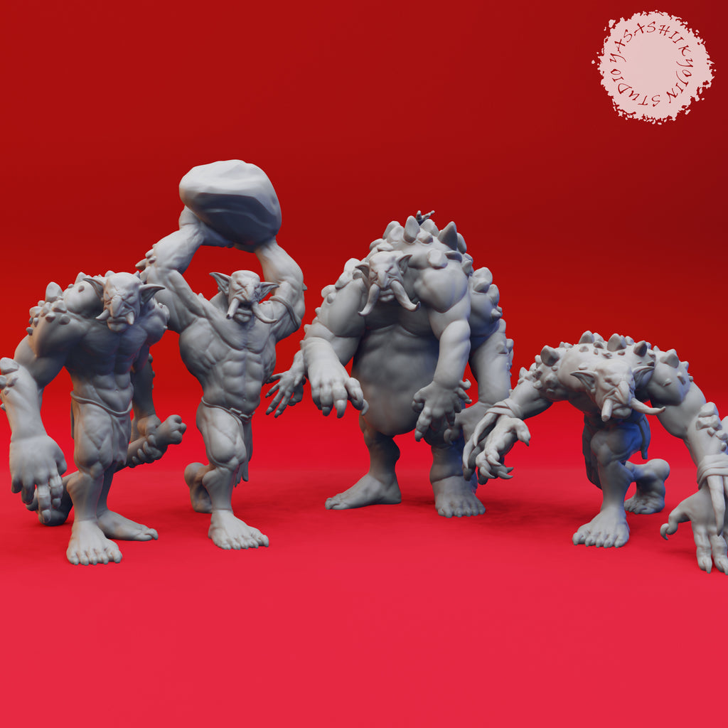 Resin Troll Warband Miniatures, 3D Render, Front Views.
