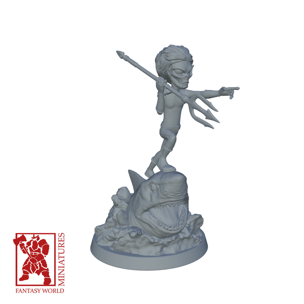 Resin Extra Terrestrial Miniature with Shark Pal, 3D render, side view.