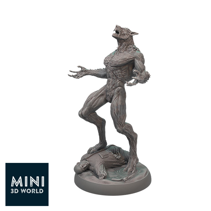 Resin Werewolf Miniature with Body Base, 3D Render, Side View.